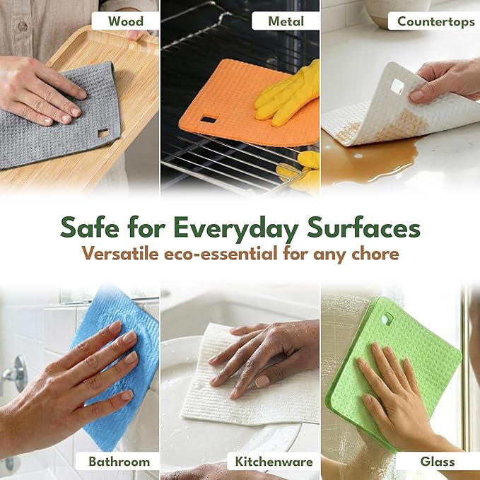 10 Pack Cellulose Swedish Dishcloths for Kitchen - Eco-Concious Reusable Dish Towels & Cloths - Super Absorbent, Odor Resistant and Fast Drying Wash Cloths for Dishes & Surfaces
