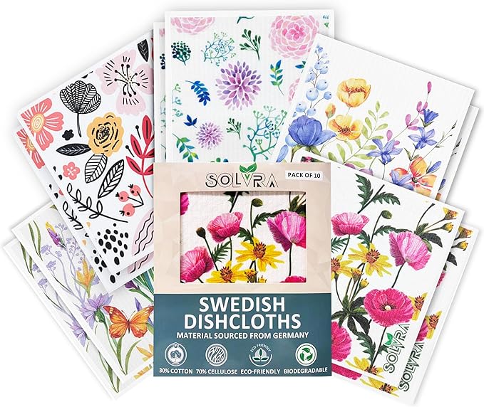 10 PCS Flower Print Swedish Dishcloths for Kitchen,100% Biodegradable, Reusable Cellulose Sponge Cloths, Ultra Absorbent, Eco Friendly Cleaning Towels Dishcloths for Washing Dishes & General Cleaning