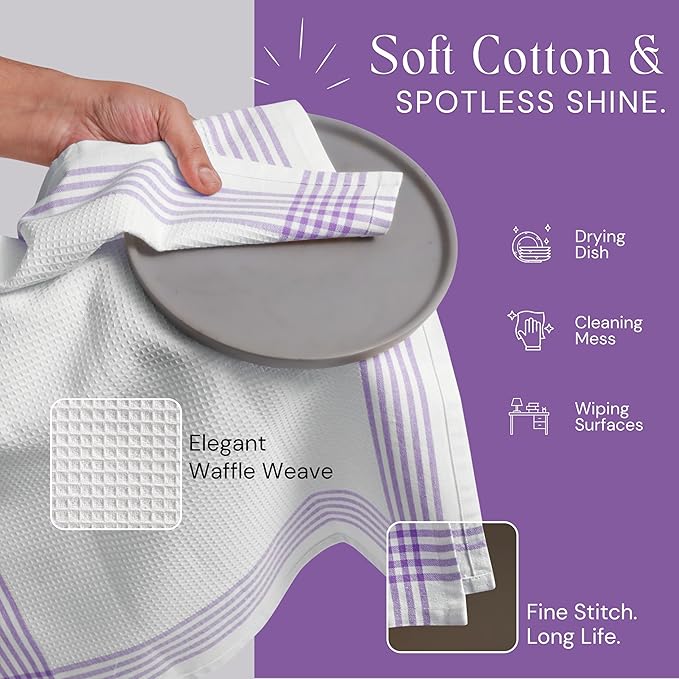 Waffle White & Lavender Kitchen Dish Towels 12 Pack, 100% Cotton, 16"x26", Thick Hand Towel for Drying Dishes, Quick Dry Washcloths, Perfect for Bar, Cooking, Serving, Cleaning