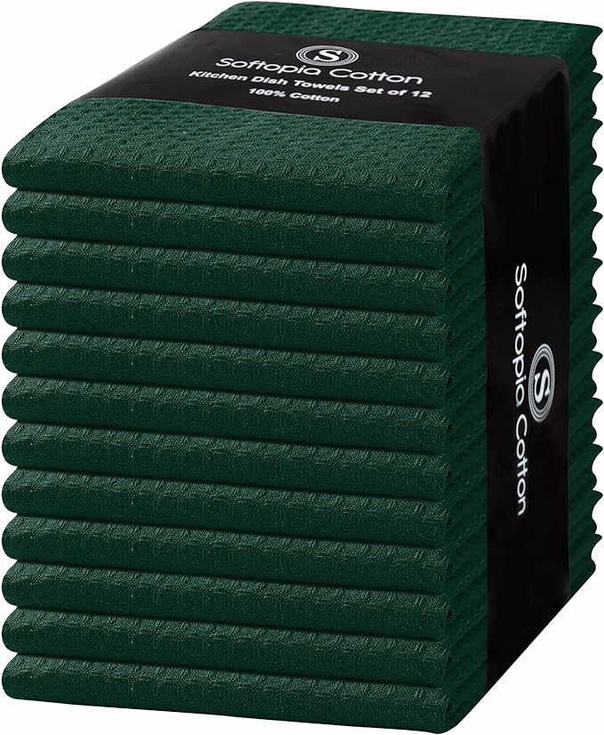 Forest Green Kitchen Dish Towels Set of 12-100% Cotton Waffle Weave, Super Absorbent, Soft, Quick Drying, 16x26 Inches, Ideal for Cleaning, Bar, Tea, and Everyday Use, Olive Green