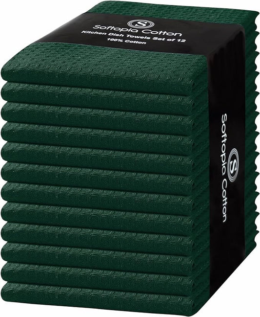 Forest Green Kitchen Dish Towels Set of 12-100% Cotton Waffle Weave, Super Absorbent, Soft, Quick Drying, 16x26 Inches, Ideal for Cleaning, Bar, Tea, and Everyday Use, Olive Green