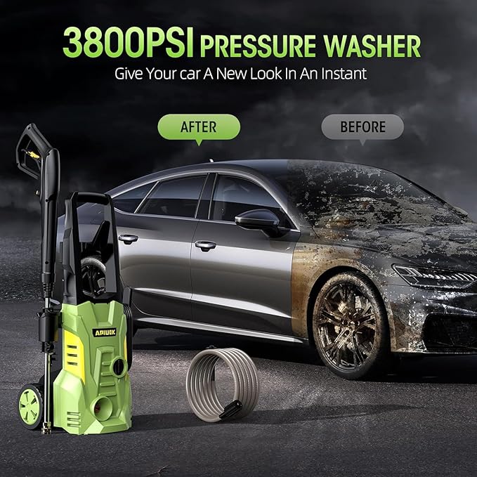 Electric High Pressure Washer - Portable Washer with 23 FT Water Outlet & 6.6 FT Inlet Hose, Steel Spray Wand, Foam-Adjustable Cannon, 4 Nozzle Set, Cleans Car/Patio/Fence/Window, 3800PSI 2.4GPM