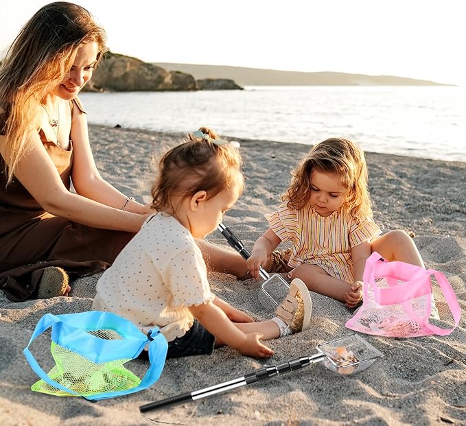 POILKMNI New Upgraded 2 Pcs Shark Tooth Sifter with Seashell Bags, Beach Sand Sifter, Sand Scoop Shell Scooper for Beach Scoop Shovel Sifter Tool for Picking Up Shells, Shark Tooth Sifter Dipper