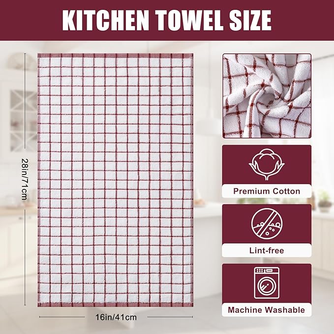 Homaxy Premium Kitchen Towels(16”x 28”, 8 Pack), Large Ring Spun Cotton Dish Towels, Super Absorbent Soft Terry Kitchen Hand Towels, Check Design Tea Towel Set with Hanging Loop, Red
