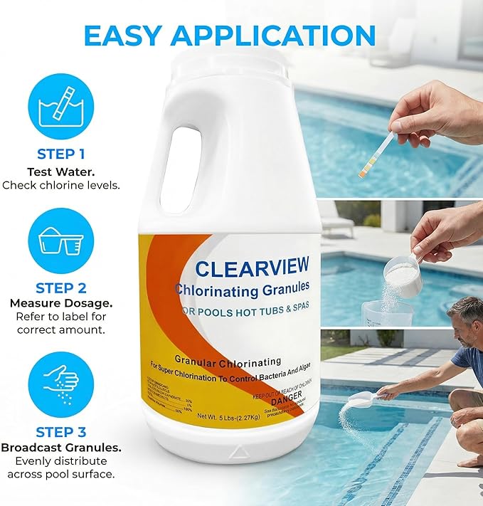 ClearView Chlorine Granules 5 Lbs for Spas and Hot Tubs, Fast Dissolving Chlorinating Granules for Swimming Pools, Calcium-Free Formula Pool Chlorine Shock Granular Sanitizer