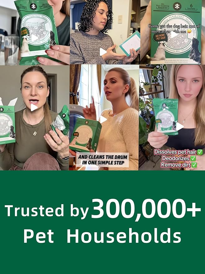 Pet Hair Dissolver for Washing Machine, Pet Hair Remover for Laundry, 96.7% Dissolution Rate, Pet Fur Remover for Dogs, 12 Sachets (2 Boxes), Up to 12 Months of Use, HE/Top/Front-Load