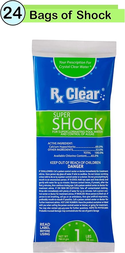 Rx Clear Super Shock for Swimming Pools | Chlorinator and Algaecide | 68% Calcium Hypochlorite | Kill Pool Algae for a Crystal Clear Pool | One Pound Bags | 24 Pack