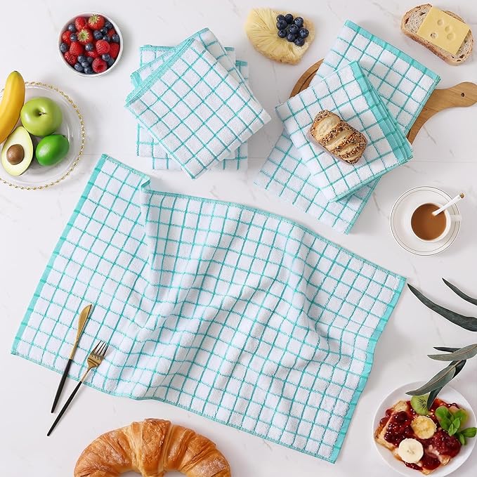 Homaxy Premium Kitchen Towels(16”x 28”, 6 Pack), Large Ring Spun Cotton Dish Towels, Super Absorbent Soft Terry Kitchen Hand Towels, Check Design Tea Towel Set with Hanging Loop, Aqua