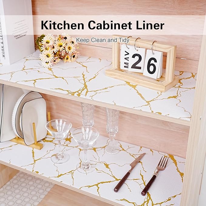 Drawer and Shelf Liner for Kitchen Cabinet,Non-Adhesive Cabinet Liner 24in x 10FT,Waterproof Shelf Paper Non-Slip Mats Cupboard Liners Contact Protect Dresser/Shelves/Table-Gold Marble