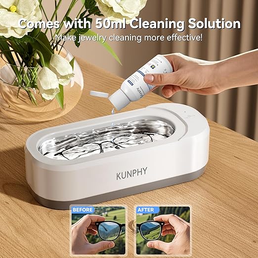 KUNPHY Jewelry Cleaner, 46KHZ, 12OZ Capacity, Ultrasonic Jewelry Cleaner with 50ml Solution, One-Touch Operation, Professional Ultrasonic Cleaner Idea for Silver, Gold Jewelry, Glasses, Rings, Diamond