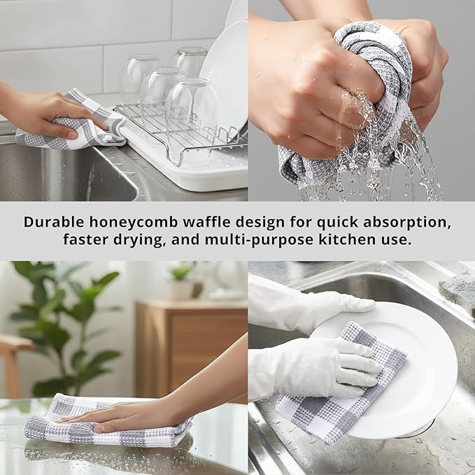 Waffle Weave Plaid Dish Cloths, 100% Cotton - 12 x 12 Inches, Ultra Soft Absorbent Quick Drying Dish Towels Buffalo Check Dish Rags for Kitchen, 8 Pack - Fall Thanksgiving - Grey & White