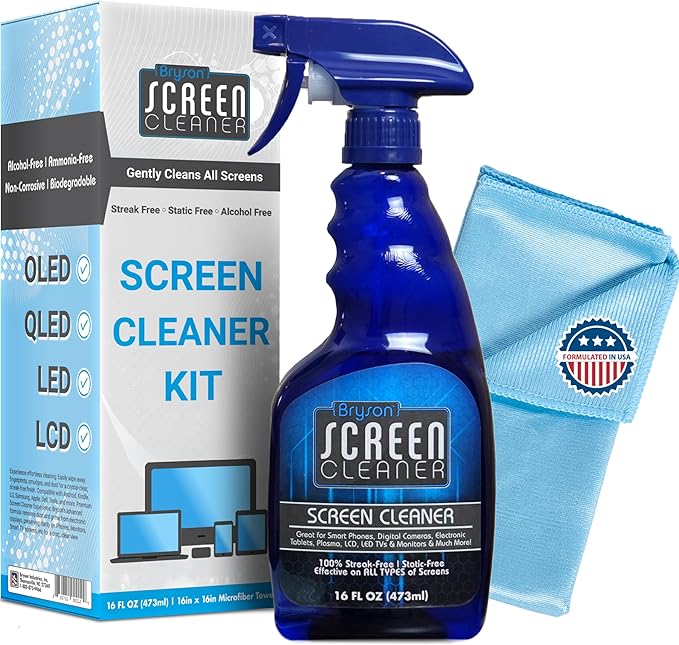 Bryson Screen Cleaner Spray and Wipe Kit - Safe for LED, LCD, OLED, Smart TV, Monitor, Laptop, Computer, Car Display - 16oz with Microfiber Cloth