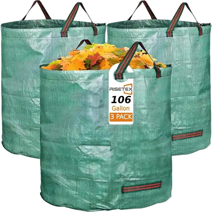 Leaf Collector 3-Pack | 106Gal Eco-Friendly Reusable Leaf Bags | Heavy-Duty Self-Standing Yard Waste Container w/4 Handles for Lawn Maintenance & Outdoor Recycling