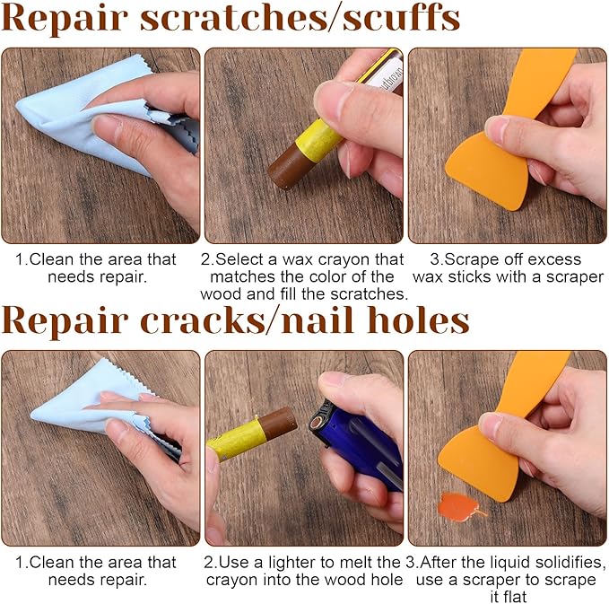Sibba 9Pcs Wood Filler Sticks, 6 Color Wax Crayons for Scratches with Scraper, Gloves and Cloth, Wood Floor Repair Kit for Scratches, Cracks and Holes on Cabinets, Tables, Doors