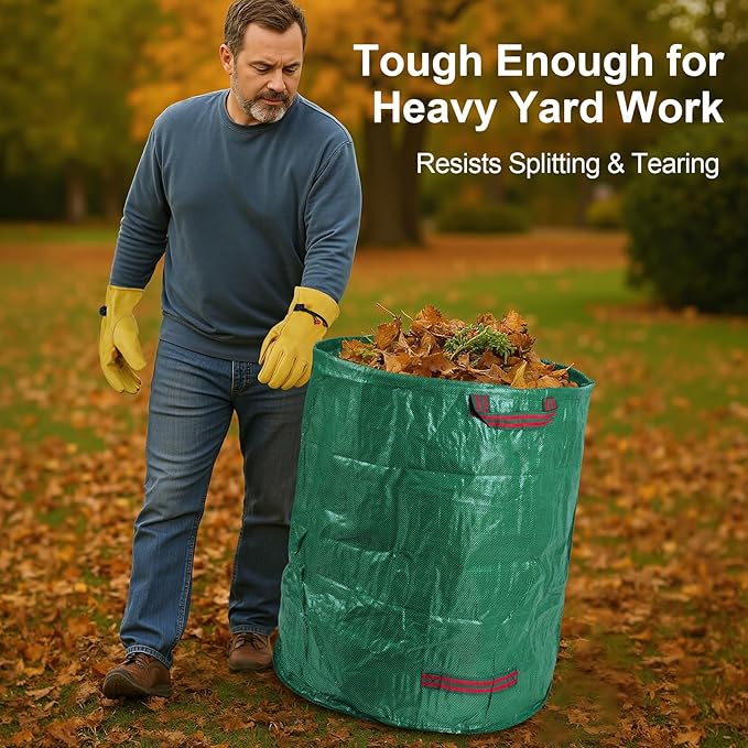 72 Gallon Reusable Yard Waste Bags (3 Pack), Heavy Duty Stand-Up Leaf & Lawn Bags, 150 GSM Woven PP (PE Coated), Double-Layer Bottom, Top & Bottom Reinforced Handles, Cowhide Gloves Included