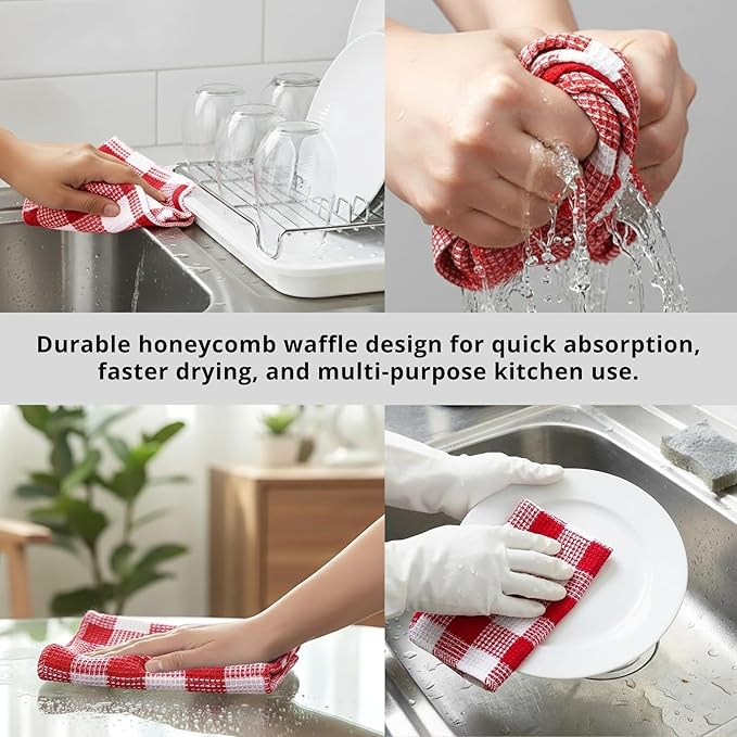 PurpleEssences Waffle Weave Plaid Dish Cloths, 100% Cotton, 12x12 Inch, Soft Absorbent Quick Drying Buffalo Check Dish Rags for Kitchen, 8 Pack, Christmas Holiday Winter - Red & White