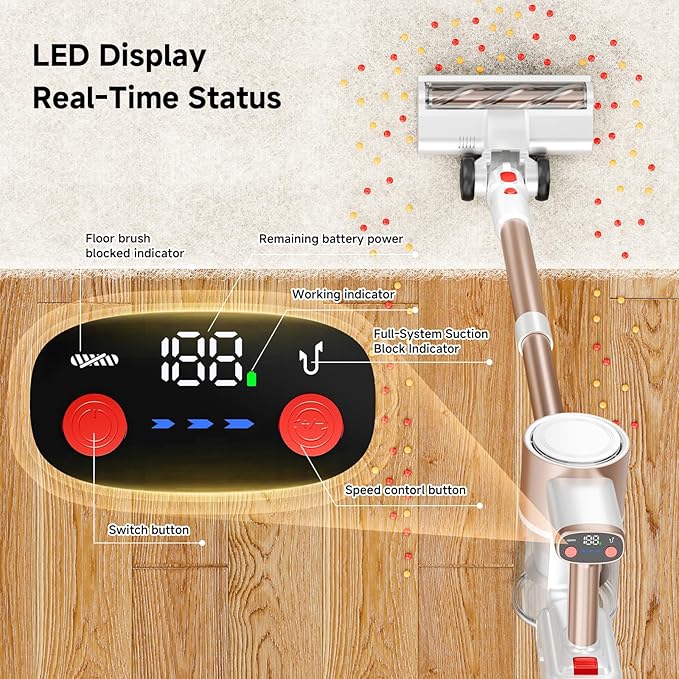 Cordless Vacuum Cleaner, 500W/40Kpa Vacuum Cleaners for Home, Stick Vacuum Cordless with LED Display, Anti-Tangle & Wall Mount, 8 in 1 Lightweight Vacuum for Hard Floors Pet Hair(Gold)
