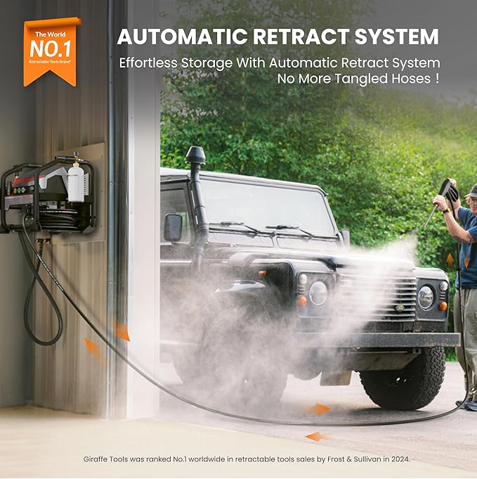Giraffe Tools Crossfalls Retractable Pressure Washer Ultra, Features 1000H All-Copper Pump, Dual Wall/Floor Mount, Brushless Motor, 60dB Low Noise, High Efficiency Cleaning Machine