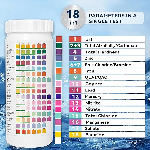 All-New 18 in1 Drinking Water Test Kit-125 Water Quality Test Strips for Well Tap Test Kit,Water Testing Strips for Home Drinking Water Testing,Hardness,Chlorine, Lead,Iron, Copper,Fluoride