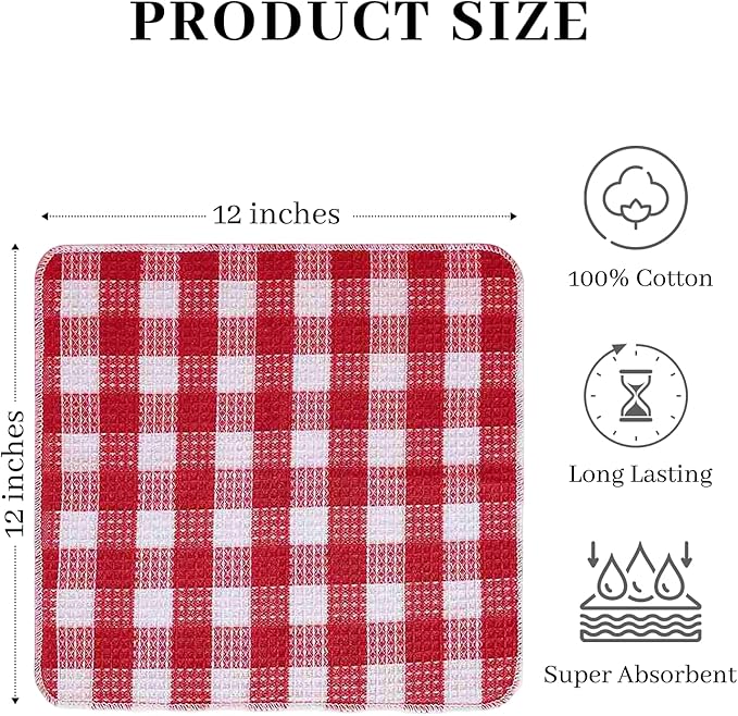 Blue Needles Waffle Weave Check Plaid Dish Cloths, 12x12 Inches 100% Cotton Set of 6 Dish Towels for Kitchen, Ultra Soft & Absorbent Kitchen Towels for Quick Drying Spring Summer - Burgundy & White
