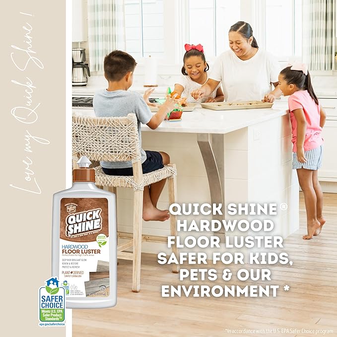 Quick Shine Hardwood Floor Clean + Polish Mop Kit w/ 3 Reusable Pads & 1-16 oz. Floor Luster w/Plant-Derived Carnauba | Use Wet + Dry | Safer Choice pH Neutral Ready to Use Formula