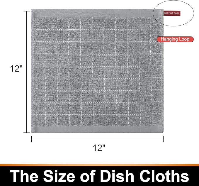 Mordimy 100% Cotton Terry Cloth Dish Cloths, Soft and Absorbent Checkered Dish Towels, Quick Drying Dish Rags for Washing Dishes, 8 Pack, 12 x 12 Inches, Light Grey