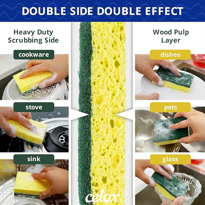 CELOX 6 Pack Dish Sponge for Kitchen, Dual Sided Scrub Heavy Duty, Non Scratch Sponges Perfect for Dishwashing and Household Cleaning, Highly Absorbent and Easy to Dry for Reuse