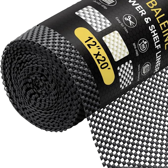 BALEINE Cabinet Liner, 12 in x 20 Ft Drawer and Shelf Liner for Kitchen Cabinets Non-Adhesive, Non-Slip Protect Desks, Cupboard, Drawers, Shelves, Tableware (Black)