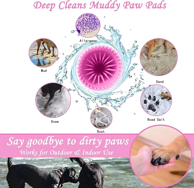Dog Paw Cleaner Kit - Pink, for L/XL Dogs, Quick Clean No Full Bath, 5-in-1 Bath Grooming Kit, Exclusive Cup-Mounted Brush Head, Grip Silicone Brush, 3 Absorbent Towels, Fits Lab