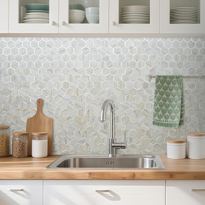 DICOFUN 10-Sheet Hexagon Peel and Stick Backsplash Tile, Beige Slate Mixed Gold Kitchen Backsplash Peel and Stick Wall Tiles