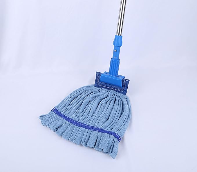 Industrial Strength Premium End Wet Mop Floor Cleaner Kit | Large, 24 Ounce Home Mop Set with Stainless Steel Extension Handle (Blue)