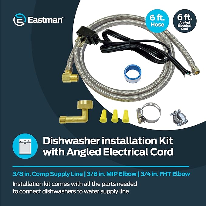 Eastman 6 Ft. Dishwasher Installation Kit, Braided Stainless Steel Supply Line with 3/8 Inch Compression Ends, 3-Prong Angled Power Cord, 48337N