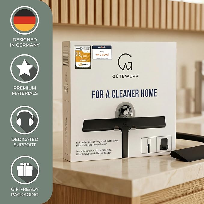 GÜTEWERK Shower Squeegee for Glass Doors, Silicone Window Squeegee, Bathroom and Glass Cleaning - Black - 9 Inch
