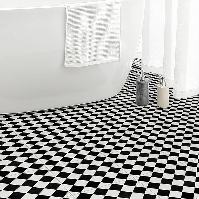 Elffloor Peel and Stick Floor Tile: 10pc 11.8 * 11.8in Self-Adhesive Waterproof Vinyl Flooring Black and White Tiles Sticker for Bathroom, Kitchen, Bedroom, Living Room ﻿