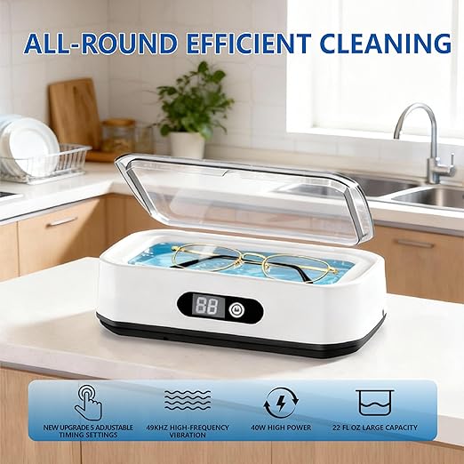 Ultrasonic Jewelry Cleaner, 49KHz Enhanced Ultrasonic Cleaneing Machine with 5 Modes Digital Timer for Eyeglasses, Jewelry, Watch Straps and Dentures, 304 Stainless Steel Water Tank