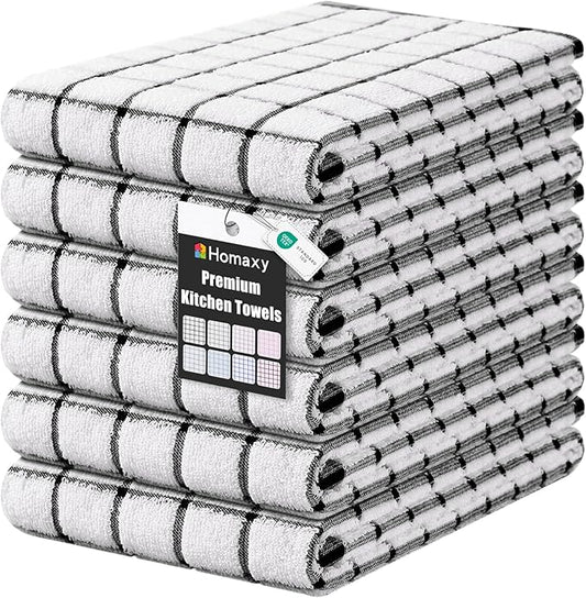 Homaxy Premium Kitchen Towels(16”x 28”, 6 Pack), Large Ring Spun Cotton Dish Towels, Super Absorbent Soft Terry Kitchen Hand Towels, Check Design Tea Towel Set with Hanging Loop, Black