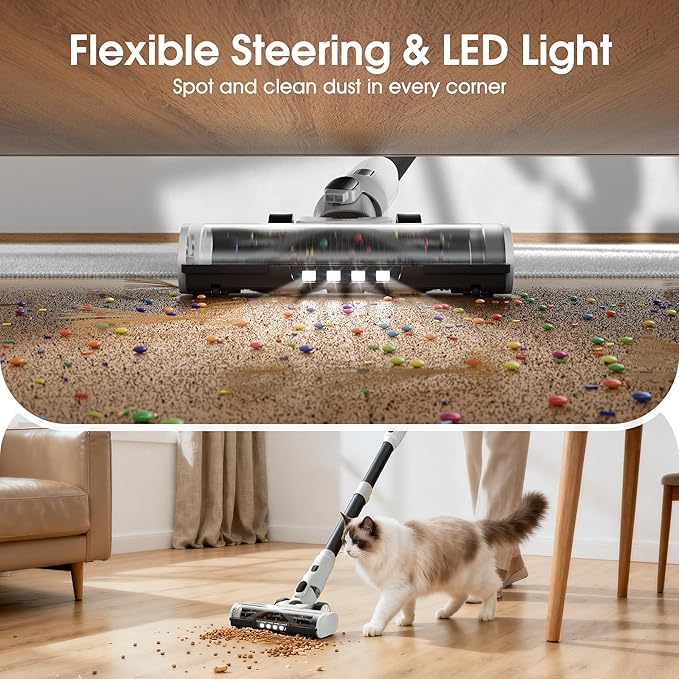 Cordless Vacuum Cleaner, 2 Batteries 140 Mins Runtime 600W 50Kpa Stick Vacuum Cordless, Self-Standing Vacuum Cleaners for Home with 2.5H Fast Charging, for Floor/Carpet/Pet Hair, White