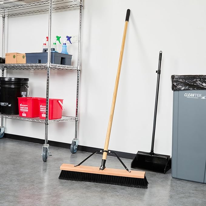 Restaurantware-Clean Tek Professional 24 Inch Push Broom, 1 Heavy-Duty Broom with 60â€ Handle - Fine Plastic Bristles, Durable, Wooden, Commercial Use, for Deck, Driveway, Garage, Yard, Patio