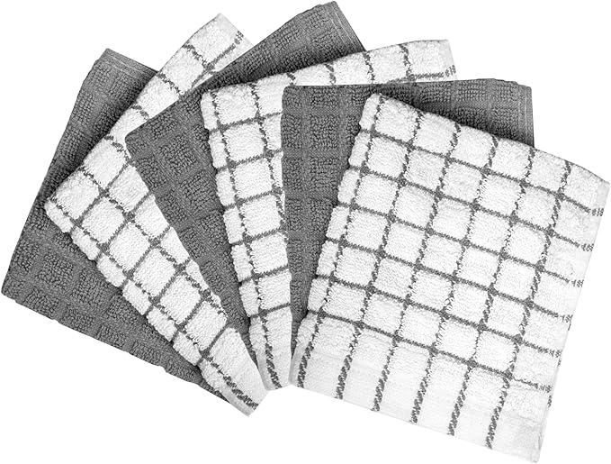 Bumble Premium Cotton Dish Cloths 12" x 12"| Grey Design | 405 GSM | Highly Absorbent & Soft Dish Towels | 100% Natural Ring Spun Cotton Kitchen Towel Set - 6 Pack