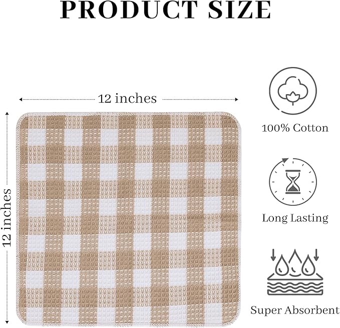 Blue Needles Waffle Weave Check Plaid Dish Cloths, 12x12 Inches 100% Cotton Set of 8 Dish Towels for Kitchen, Ultra Soft & Absorbent Kitchen Towels for Quick Drying Spring Summer - Beige & White