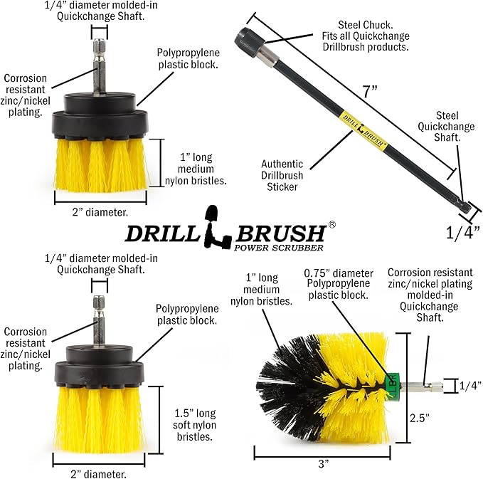 Drillbrush Ultimate Yellow Cleaning Tools - Drill Brush Attachment for Bathroom, Shower, Tub, Tile, Grout, Toilet, and Sink - Bathroom Scrubber Cordless Drill Attachment - Shower Detailing Brush Set