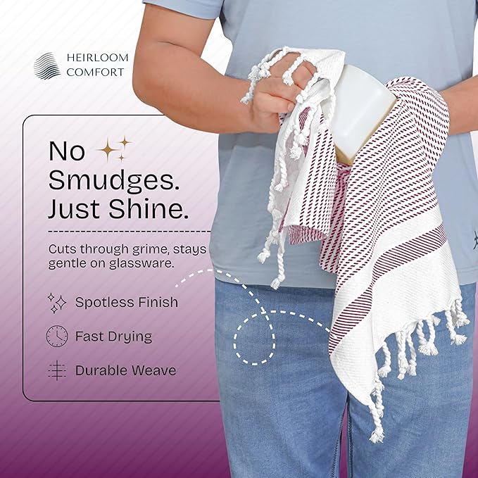 Burgundy Wine Turkish Kitchen Towels 16x26 Inch, 12 Pack, 100% Cotton, Ultra Absorbent, Soft, Fast Dry, Washable, Dish Towel with Tassels for Drying Dishes, Cleaning, Everyday Use