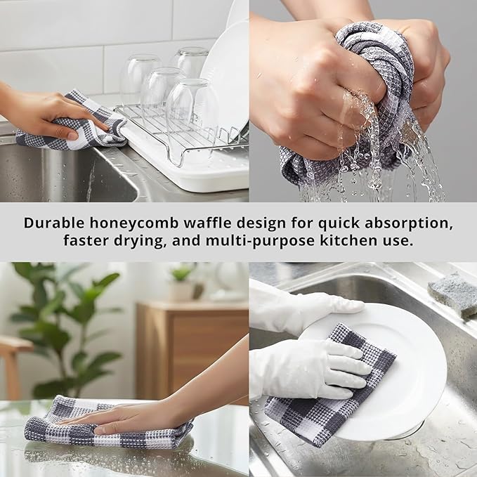 PurpleEssences Waffle Weave Plaid Dish Cloths, 100% Cotton - 12x12 Inches, Soft Absorbent Quick Drying Buffalo Check Dish Rags for Kitchen, 6 Pack - Christmas Holiday Winter - Steel Grey and White
