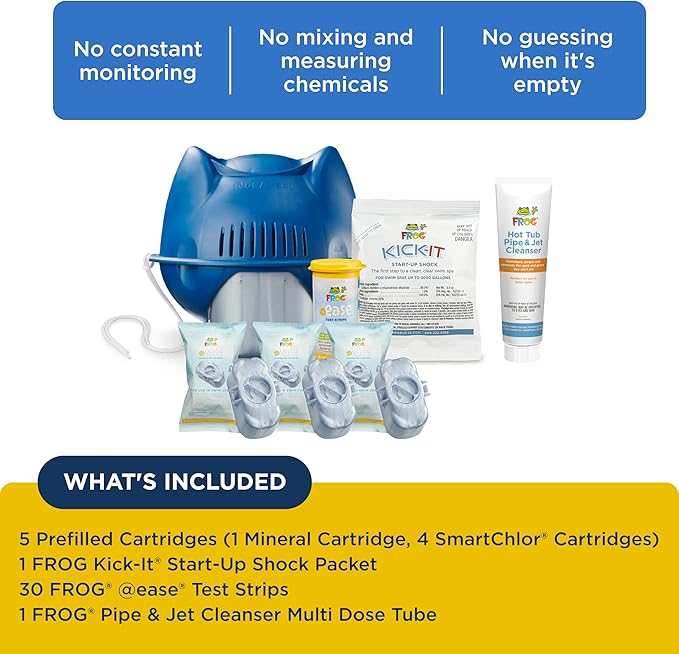 FROG @Ease Floating System and Pipe & Jet Cleanser for Swim Spas - Self-Regulating Swim Spa Sanitizer and Deep Clean Purge - Sanitizing Minerals & SmartChlor Technology - 4 Month Fresh Start Bundle