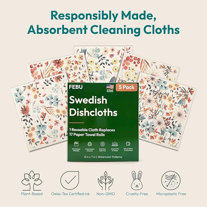 FEBU Swedish Dishcloths for Kitchen | 5 Pack Japanese Reusable Paper Towels Washable | Swedish Dish Towels | Non-Scratch Cellulose Sponge Cloths | No Odor, Biodegradable Cleaning Cloths