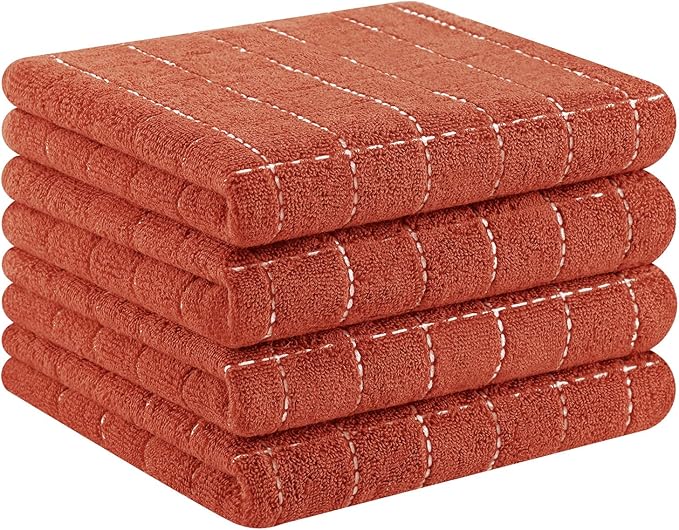 Homaxy 100% Cotton Terry Kitchen Towels(Rust, 13 x 28 inches), Checkered Designed, Soft and Super Absorbent Dish Towels, 4 Pack