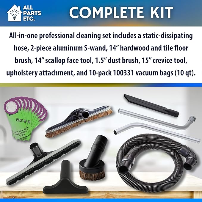 1.5” Backpack Vacuum Accessory Kit Includes Hose, 2-Piece Aluminum S-Wand, 14” Floor & Scallop Brushes, Dust & Upholstery Tools, 15” Crevice Tool, 10-Pack 100331 Vacuum Bags–10 Qt Size
