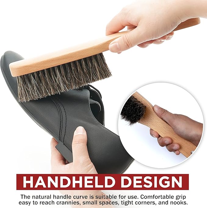 TAKAVU Horsehair Shoe Boot Brush 10.2 Inches - Hat Brush, Hand Broom With 100% Soft Genuine Horse Hair Bristles, Long Beech Wood Handle for Cleaning Shoes, Boots, Counters, Beds, Clothes, Furniture