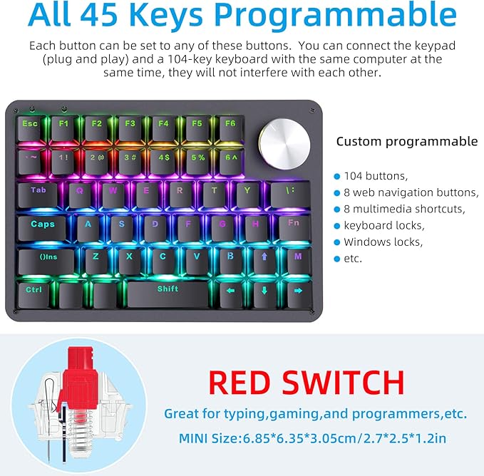 Koolertron One Handed Mechanical Gaming Keyboard, 45-Key Fully Programmable Mini Keypad, Mini USB Macro Keyboard with Rotating Knob, RGB Backlit Red Switches, for Windows PC Gamers