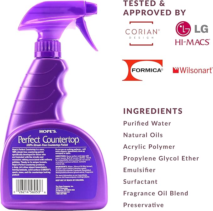 HOPE'S Perfect Countertop Cleaner and Polish - Streak-Free Multi Surface Cleaning Spray - Kitchen Spray for Granite, Quartz, Marble, Stone, Laminate, CORIAN, 22 Fl Oz, Pack of 1 with Microfiber Cloth